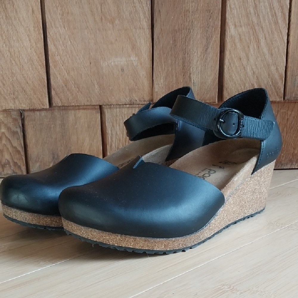 Papillio Black Leather Wedge Mules